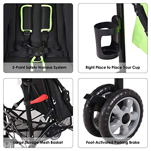 BABY JOY Lightweight & Compact Travel Stroller, Infant to Toddler, Adjustable Backrest & Canopy, Cup Holder, Storage Basket, 5-Point Harness, Easy Fold, Green