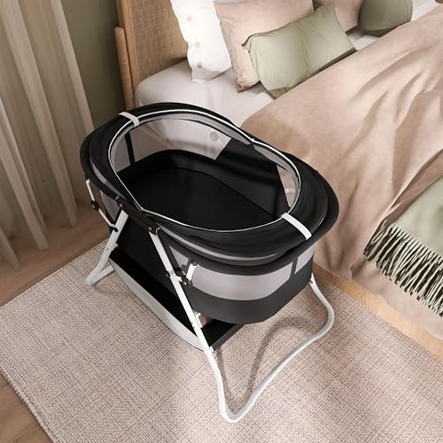 Dream On Me Karley Bassinet, Award Winner Lightweight Travel Baby Bassinet, Foldable Bedside Sleeper, Adjustable Double Canopy, Spacious Design, Soft Fabric, Storage Basket – Black