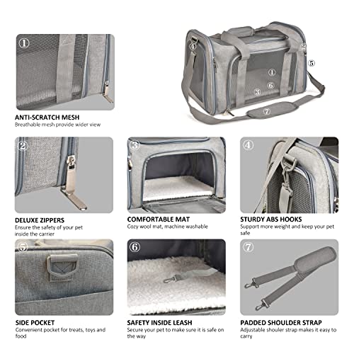 Henkelion Cat Carriers Dog Carrier Pet Carrier For Small / Medium Cats Dogs Puppies (Up To 15lbs), TSA Airline Approved Small Dog Carrier Soft Sided, Collapsible Waterproof Travel Puppy Carrier - Grey