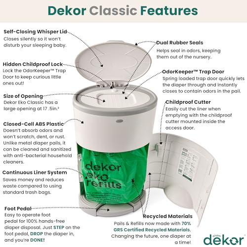 Diaper Dekor EKO Classic Diaper Pail Gift Set, White ONLY Eco-Friendly Diaper Pail Made with 70% Recycled Materials Comes with up to a Year's Supply Worth of Diaper Dekor Refills!
