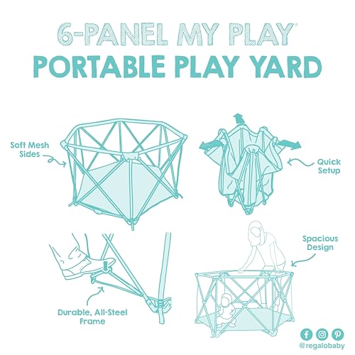 Regalo Safety My Play Portable Baby Playpen & Play Yard, Foldable 6-Panel Indoor Outdoor Playpen for Babies & Toddlers, Mesh Sides, Washable Fabric, 48”, Aqua/Black