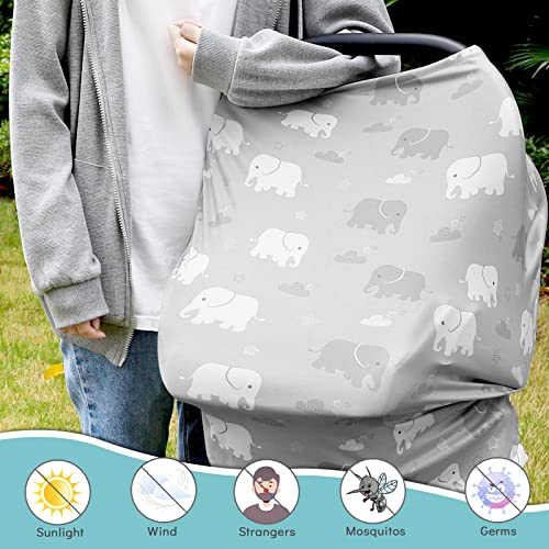Breathable Car Seat Cover for Babies, Multi-use Cover Carseat Canopy, Soft Breastfeeding Cover, Car Seat Covers for Bbies, Boys & Girls Shower Gift, Elephant