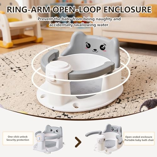 Baby Bath Seat for Babies 6 Months and Up, Non-Slip Bathtub Support Seat for Toddlers, Portable Infant Bath Chair with Strong Suction Cups, Safety Armrest & Cute Bear Backrest