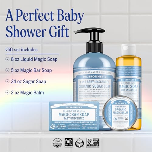 Dr. Bronner's Baby Unscented Gift Set - Pure-Castile Liquid and Bar Soaps, Organic Magic Balm, and 4-in-1 Organic Sugar Pump Soap