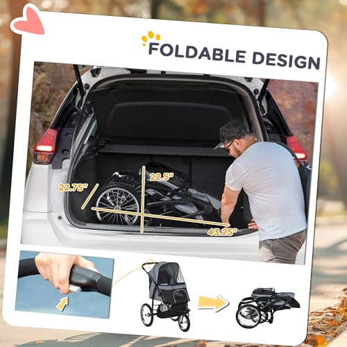 PawHut 3 Wheels Pet Stroller, Foldable Dog Stroller with Adjustable Canopy, Safety Tether, Cushion, Storage Basket, Portable Jogger for Small and Medium Dogs and Cats, Gray