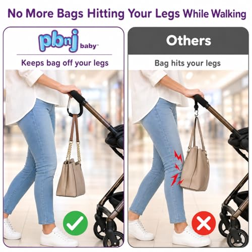 PBnJ Baby Stroller Hooks, 6.6" Extra Large Carabiner Clip, 2 Pack — Heavy Duty Stroller Clips for Hanging Bags, Patented Foam Handle Mommy Hook, Stroller Accessories for Shopping Purse Grocery Bag