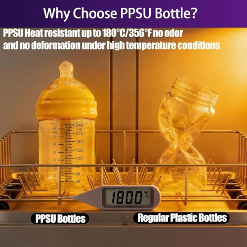 PPSU Baby Bottles for Newborns, Anti-Colic Wide Neck Breastfeeding Bottle with Angled Silicone Nipple, Natural Latch, BPA-Free, Heat Resistant, 5oz & 8oz, 0-6 Months, 3 Nipples