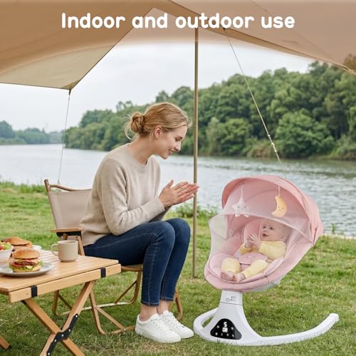 RIVIPLOU Electric Baby Swing with Remote Control - 5 Natural Motion Speeds, Detachable Seat Pad, Bluetooth Technology & Music, Portable Infant Swing for Indoor/Outdoor Use (0-12M, 20lbs, Pink)