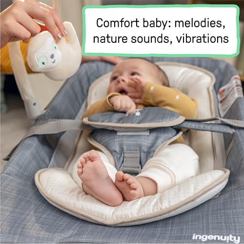 Ingenuity Gas Relief and Anti-Colic Baby Bouncer Seat and Rocker, Gentle Belly Massage to Relax and Soothe Bellies, Instant Tummy Soother, 20 Songs and Melodies – Parker