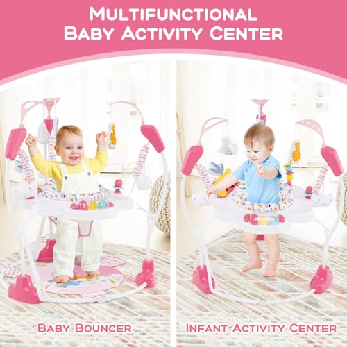 INFANS Baby Activity Center, 3 in 1 Play Center Jumpers and Bouncers with Music, Lights, Interactive Toys, 360°Rotating Seat, 3 Adjustable Heights, Exersaucer Learning Toys for Baby 6-12 Months (Pink)
