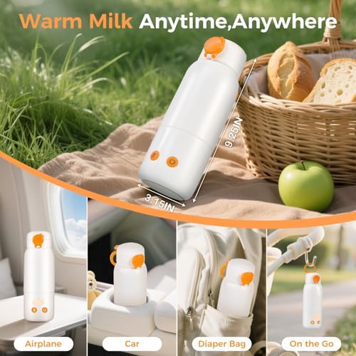 Portable Bottle Warmer for Travel, 12oz Large Capacity Fast Heating, 4 Levels Precise Temperature Control, Long Battery Life, Rechargeable Formula Water Milk Warmer for Car, Airplane & Outdoor Use