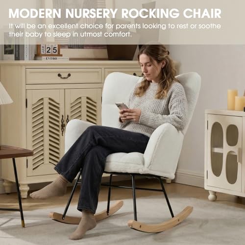 Wryxplor Nursery Rocking Chair, Teddy Upholstered Glider Chair with Thick Cushion, Tufted Gliding Rocker Chair with Wood Leg, Cozy Rocking Armchair, Accent Rocking Chair for Living Room (Ivory)
