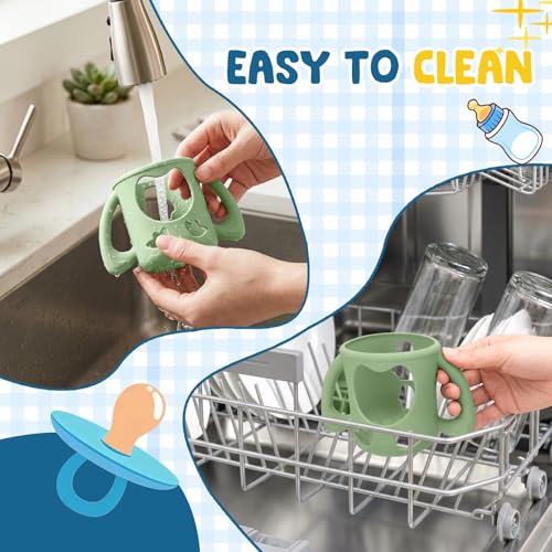 Mamalovey 3 Pack Silicone Baby Bottle Handles & Holders for Pigeon Bottles 5.4oz, Food Grade Anti-Breakage Silicone Sleeve for Glass Bottle - Great Upgrade for Your Baby Bottle Sets (White+Green+Blue)