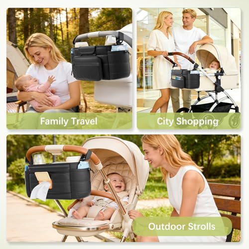 Seeseven Stroller Caddy with Cup Holder & Detachable Phone Bag, Black