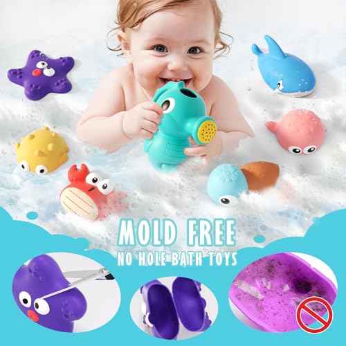 Mold Free Bath Toys for Toddlers 1-3, No Hole Ocean Animal Bathtub and Pool Toys with Mesh Organizer, Sensory Water Toys for Babies 6-12 Months, 9 Pack