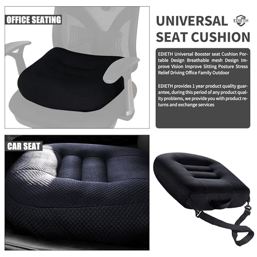 EDIETH Universal Booster Seat Cushion with Adjustable Height, Breathable Mesh Portable Design with Straps, Improve Vision Improve Sitting Posture Stress Relief Driving Office Family Outdoor - Black
