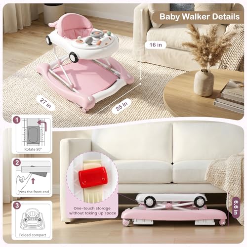 Baby Walker, 5-in-1 Baby Walker for Boys and Girls with Bouncer, Removable Footrest, Music, Foldable & Adjustable Speed Wheels Activity Walker for 6-18 Months Toddler Infant(Pink)