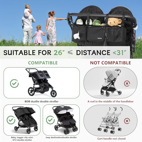 Double Stroller Organizer for Bob Duallie with 2 Insulated Cup Holders & Cooler Bag, Baby Jogger City Mini Gt2 Jeep Double Stroller Caddy Accessories, Universal Parent Console Stroller Organizer