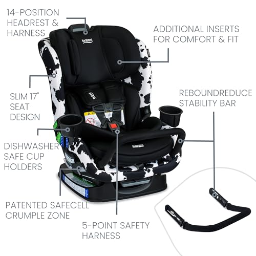Britax Poplar S Convertible Car Seat, 2-in-1 Car Seat Extended Rear Facing, 17” Slim Car Seat Design with Fast & Easy ClickTight Installation, Anti-Rebound Bar & SafeWash Fabrics — Cowmooflage