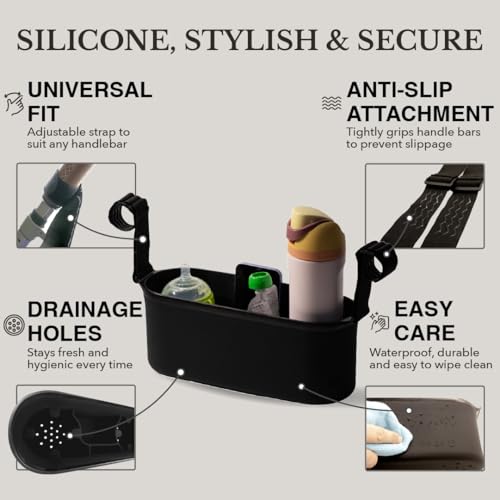 Universal Silicone Stroller Organizer with Cup Holders | Waterproof, Easy-Clean, BPA-Free Caddy with Organized Interior | Anti-Slip Straps fit Uppababy, Nuna, Doona & Most Strollers | roo go