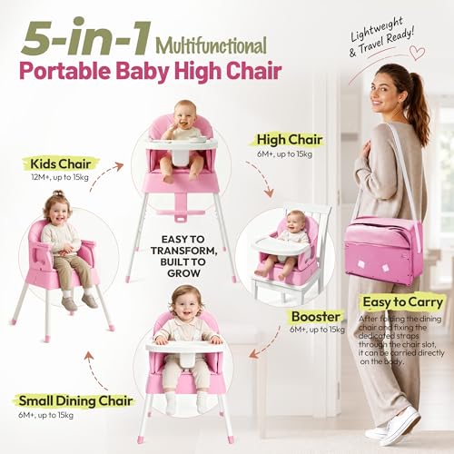 5 in 1 Foldable Baby High Chair,Convertible Highchair for Babies and Toddlers-Portable Infant Booster Seat,Foldable Dining Chair,Toddler High Chair with 5-Point Harness,Removable Tray (Pink)