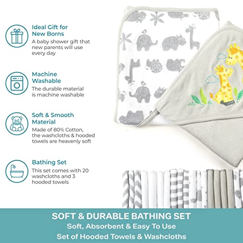 Spasilk 23-Piece Soft Terry Hooded Bath Towel and Washcloth Gift Set, 3 Baby Towels and 20 Baby Washcloths for Unisex Newborn Bath Essentials, Ideal, Gray Giraffe Safari
