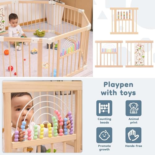 Ulnxiy Wooden Baby Playpen with Montessori Toys, 10-Panel Foldable Wood Play Yard for Toddlers, 84"x56" Large Baby Fence with Safety Lock, CPC Certified Natural Pine Wood Activity Center