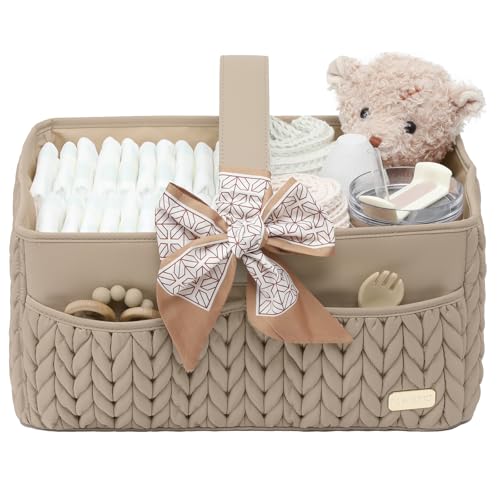 LUKJOJO Luxurious Baby Diaper Caddy, Nursery Storage Basket for Newborn Essentials, Travel Baby Basket for Diapers Baby Wipes, Organizer Tote Bag Storage Bin, Baby Shower Gifts(Beige)
