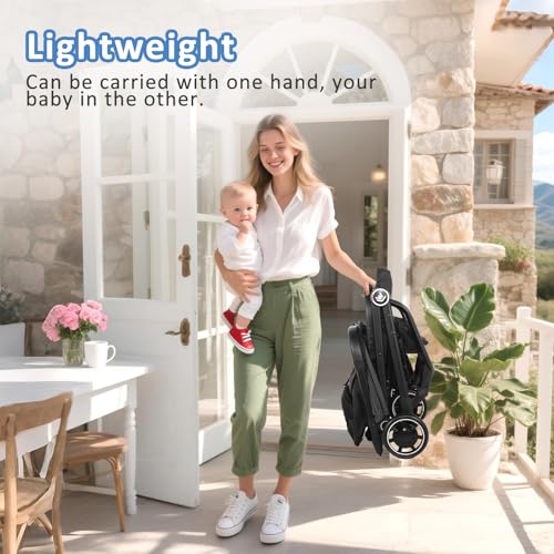Rollingsurfer Lightweight Baby Stroller for Airplane, Compact Travel Pushchair with Retractable Foot Cover & Reclining Backrest, One Hand Fold Stroller for Toddlers 0-36 Months