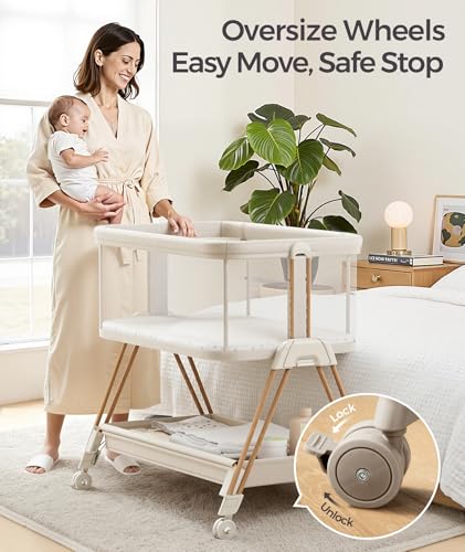 Fodoss Baby Bassinets Bedside Sleeper - 3-in-1 Baby Bassinet with Wheels, Soft Mattress, Storage Tray, Full-Mesh Sides, 7-Height Adjustable Crib for Newborns