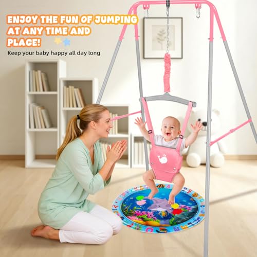 Baby Jumper with Stand for 6-24 Months, Baby Exerciser for Active Babies, Toddler Jumper Bouncers for Baby Girl/Boy with Adjustable Chain, Suitable for Indoor and Outdoor, Water Mat Included(Pink)
