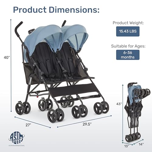 Dream On Me Twin Venture Umbrella Stroller in Light Blue, Multi Backrest Positions, Adjustable & Removable Canopy Double Stroller, 360°Swivel Wheels with Locks