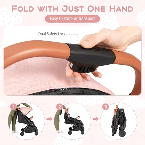BABY JOY Lightweight Stroller, Compact Travel Stroller with One-Hand Fold, Adjustable Backrest, Canopy, Cup Holder, Footmuff & Storage Basket for Toddlers (Pink)