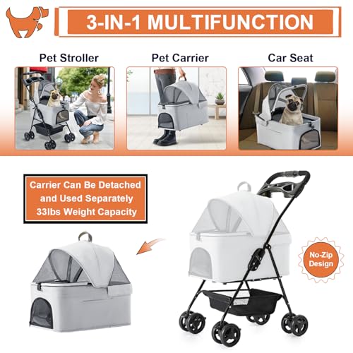 LPOTIUS 3-in-1 Pet Stroller for Small Dogs and Cats, Folding Lightweight Dog Stroller with Detachable Carrier Portable Cat Puppy Jogging Stroller with Cup Holder and Storage Basket, 4 Wheels