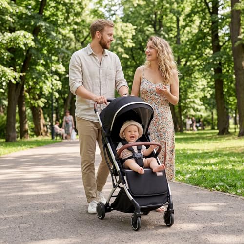 INFANS Travel Stroller, Lightweight Compact Baby Stroller for Airplane with One-Hand Fold, Multi-Position Recline, Canopy, 4 Wheel Suspension, Storage Basket (Black+Silver)