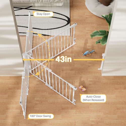 Cumbor 29.2–43" Baby Gate for Stairs, Hardware Mounted (Drill Required), Expandable No Bottom Bar Dog Gate, Auto Close Extra Wide Walk Thru, Pet & Toddler Proof Gate, Top & Bottom of Stairways (White)