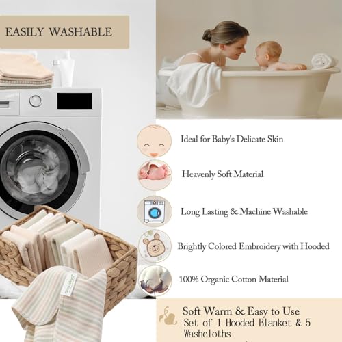 Smluckyg 6-Pack Organic Cotton Baby Bath Set - Ultra Soft Embroidered Hooded Towel and 5 Washcloths, Premium Gentle Newborn, Toddlers Gift for Sensitive Skin, Stripes, 30 x 30 Inch