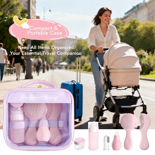 Baby Care Kit, Baby Grooming Kit,6-Piece Newborn Grooming Set with PP Baby Comb & Brush, Silicone Nasal Aspirator, Travel Bottles (60ml/20ml), Toothbrush, Newborn Care Set (Pink)