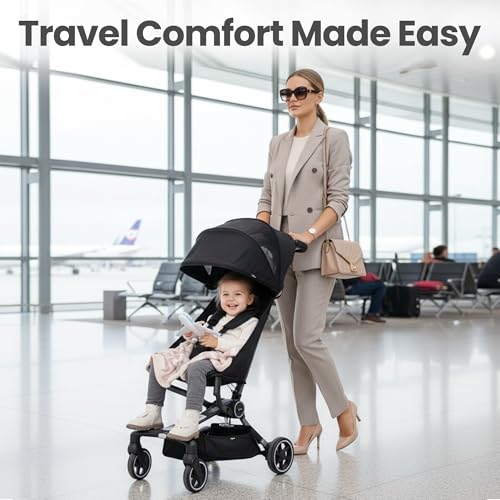 QPlay Travel Stroller for Baby & Toddlers Ages 6 Months to 4 Year Old – 9.48lbs Lightweight & Ultra-Compact Umbrella Stroller with One-Hand Fold, Airplane Carry-on Size, Reclining Seat (Black)