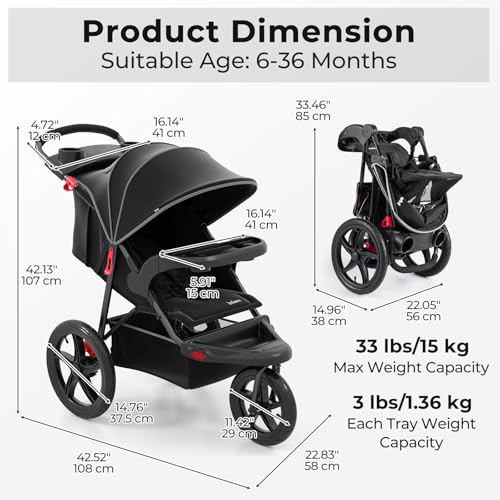 INFANS Jogging Stroller, Foldable Jogger with Air-Filled Tires Shock Absorbing Suspension Adjustable Backrest, Baby Running Strollers