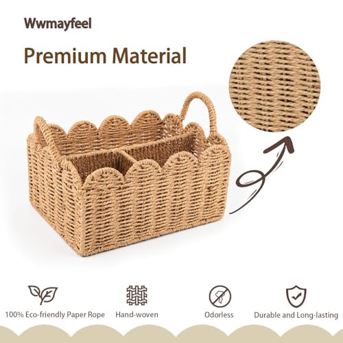 wwmayfeel Diaper Caddy Organizer, Paper Rope Storage Baskets Nursery Bin with Removable Divider, Woven Scalloped Portable Car Organizer for Diapers, Baby Shower Gifts, Newborn Essentials Must Haves