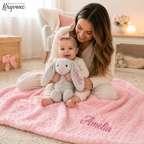 Personalized Baby Blanket and Plush Bunny Set, Custom Baby Blankets and Rabbit with Name, Personalized 2 in 1 Gift Set for Boy Girl Toddlers, Minky Dot Swaddle, Gift Set for Showering, Birthday