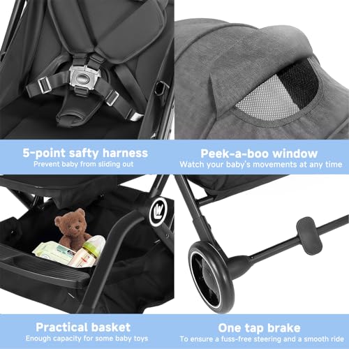 Rollingsurfer Lightweight Baby Stroller for Airplane, Compact Travel Pushchair with Retractable Foot Cover & Reclining Backrest, One Hand Fold Stroller for Toddlers 0-36 Months