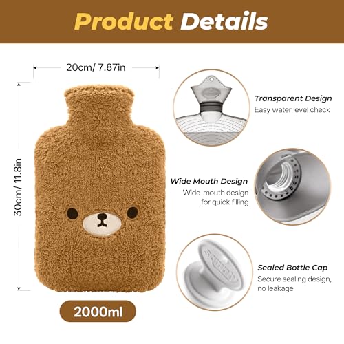 samply Hot Water Bottle with Cute Fleece Cover, Hot Water Bag for Hot and Cold Compress, Hand Feet Warmer, Ideal for Neck and Shoulder, Brown Bear