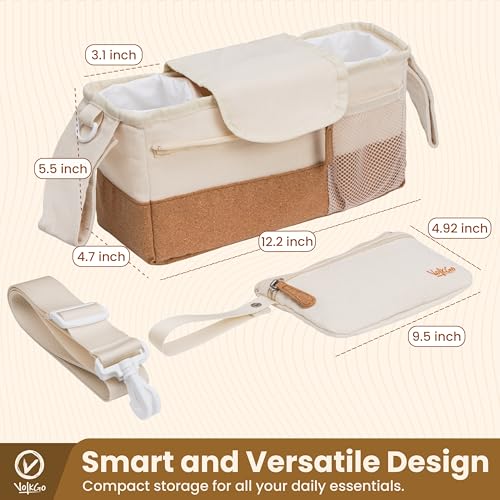 V VOLKGO Stroller Caddy with Cup Holder - Stroller Organizer Bag for Baby Travel Gear, Baby Bottle Organizer & Baby Diaper Caddy | Insulated XL 40oz, Detachable Wristlet, Premium Canvas & Natural Cork