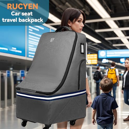 RUCYEN Rolling Car Seat Travel Bag, Padded Carseat Travel Backpack for Airplane,Large Durable Travel Bag with 4 Wheels,Adjustable Shoulder Strap and Waterproof Base Dark Grey