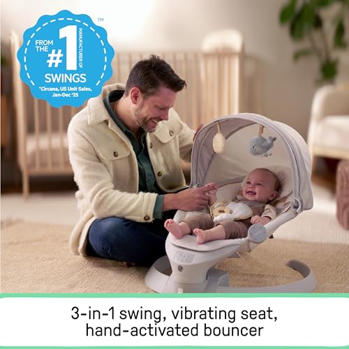 Ingenuity InLighten Baby Swing, 3-in-1 Bounce, Sway & Stationary Seat, Bluetooth Music, Light-Up Canopy, Remote Control, Vibrations, 5-Point Harness, Pebble Shore