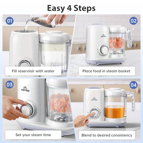 AMZBABYCHEF Baby Food Maker, 4 in 1 Baby Food Processor and Steamer, Puree Blender, Multifunctional Baby Puree Maker, Dishwasher Safe (White)