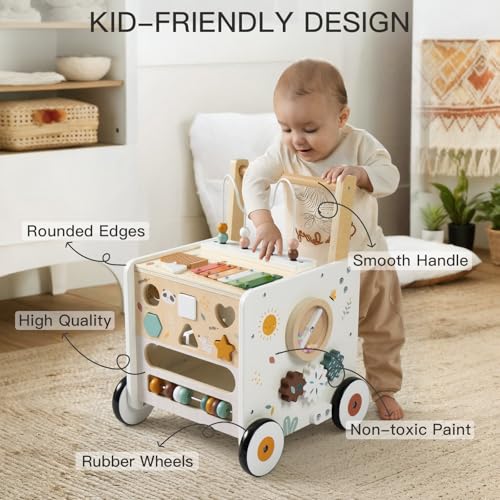 PTINFLUCE Wooden Baby Walker, Activity Cube Push Walker for Boys and Girls, Toddler Montessori Learning to Walk Toy with Adjustable Speed