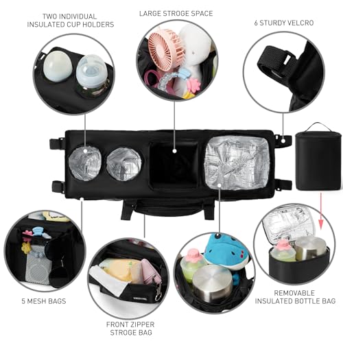 VMEECARL Double Stroller Organizer Universal with 2 Insulated Cup Holders & Cooler Bag, Large Storage Parent Console for Bob Duallie, Baby Jogger City Mini GT2